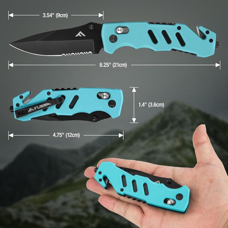 FLISSA Folding Pocket Knife with Clip, Glass Breaker and Seatbelt Cutter, Survival Knife for Emergency Rescue Situations, EDC Knife for Tactical, Hunting, Camping, Outdoor, Unique Gifts for Dad, Father-Blue - Image 3